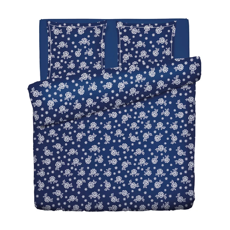 Housse de couette + taie d'oreiller satin de coton - Blossom Bleu foncé
