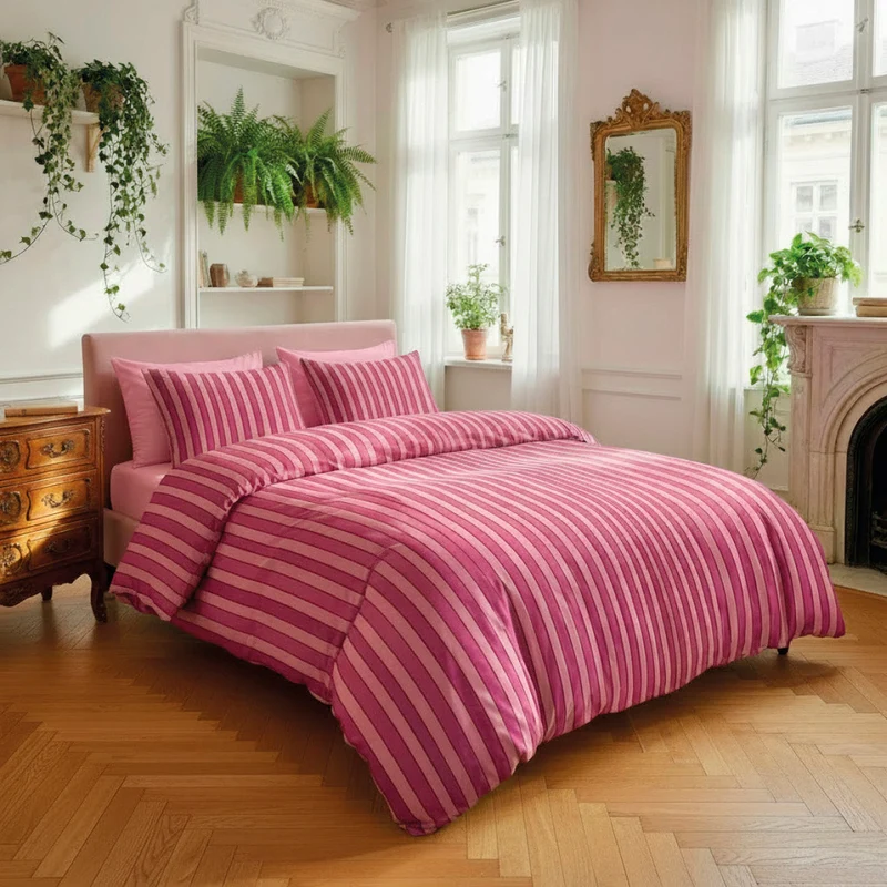 Housse de couette + taie d'oreiller satin de coton - Faisceau Rose