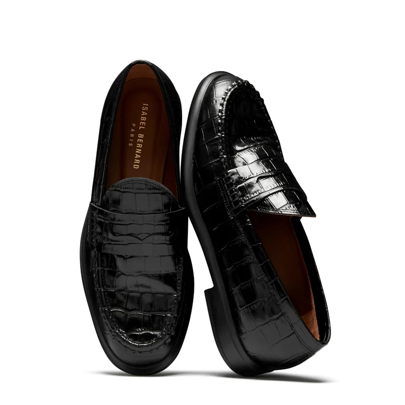 Isabel Bernard Mocassins Vendôme Blandine en cuir de veau noir croco IB51015-201-38