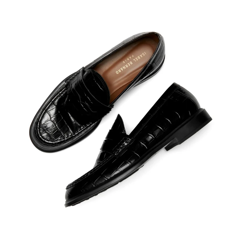 Isabel Bernard Mocassins Vendôme Blandine en cuir de veau noir croco IB51015-201-38