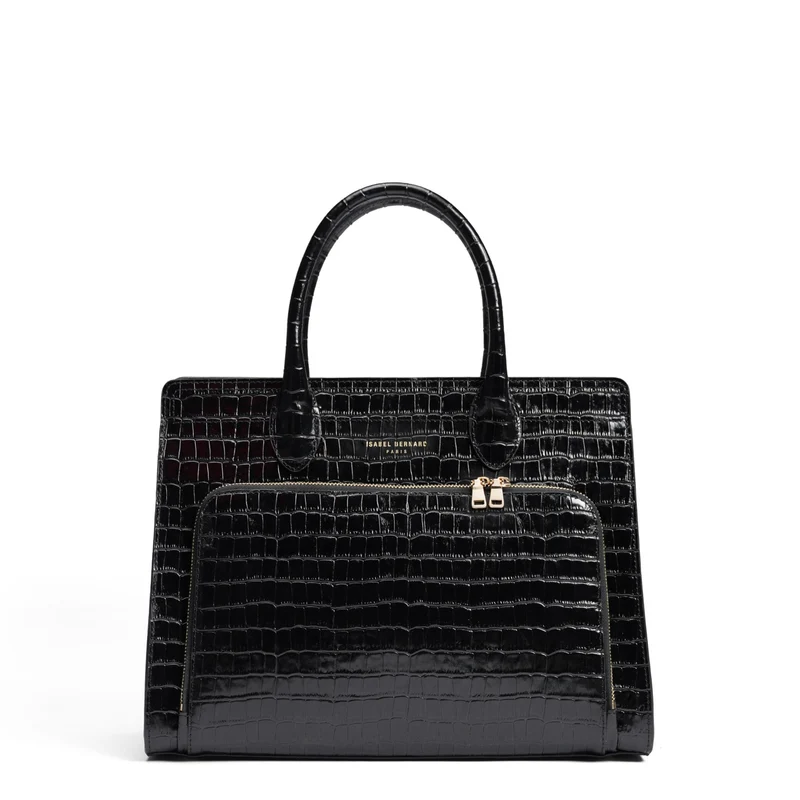 Isabel Bernard Honoré Nadine croco noir sac à main en cuir de veau avec compartiment pour ordinateur portable 13 pouces IB25110-201-13