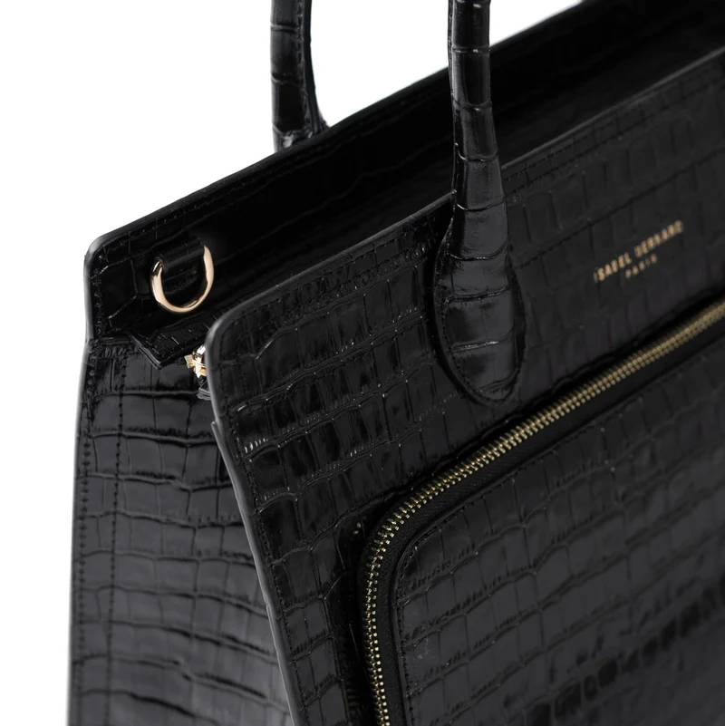 Isabel Bernard Honoré Nadine croco noir sac à main en cuir de veau avec compartiment pour ordinateur portable 13 pouces IB25110-201-13