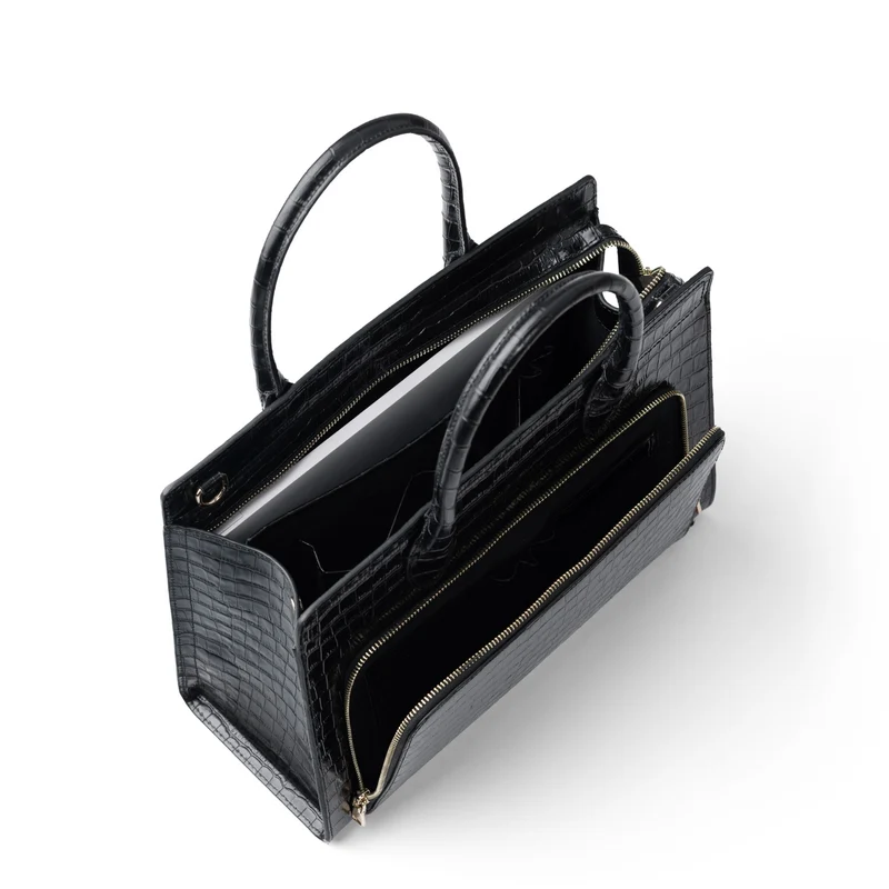 Isabel Bernard Honoré Nadine croco noir sac à main en cuir de veau avec compartiment pour ordinateur portable 13 pouces IB25110-201-13