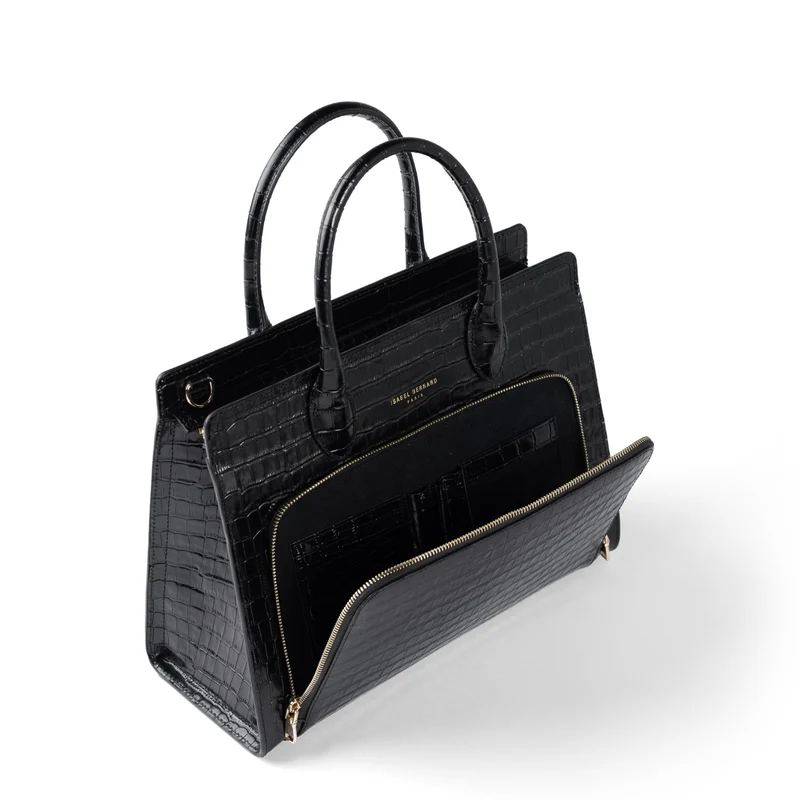 Isabel Bernard Honoré Nadine croco noir sac à main en cuir de veau avec compartiment pour ordinateur portable 13 pouces IB25110-201-13