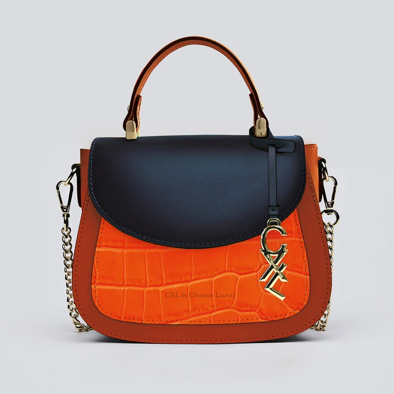Petit sac à main Haussmann en cuir croco et rabat cuir lisse