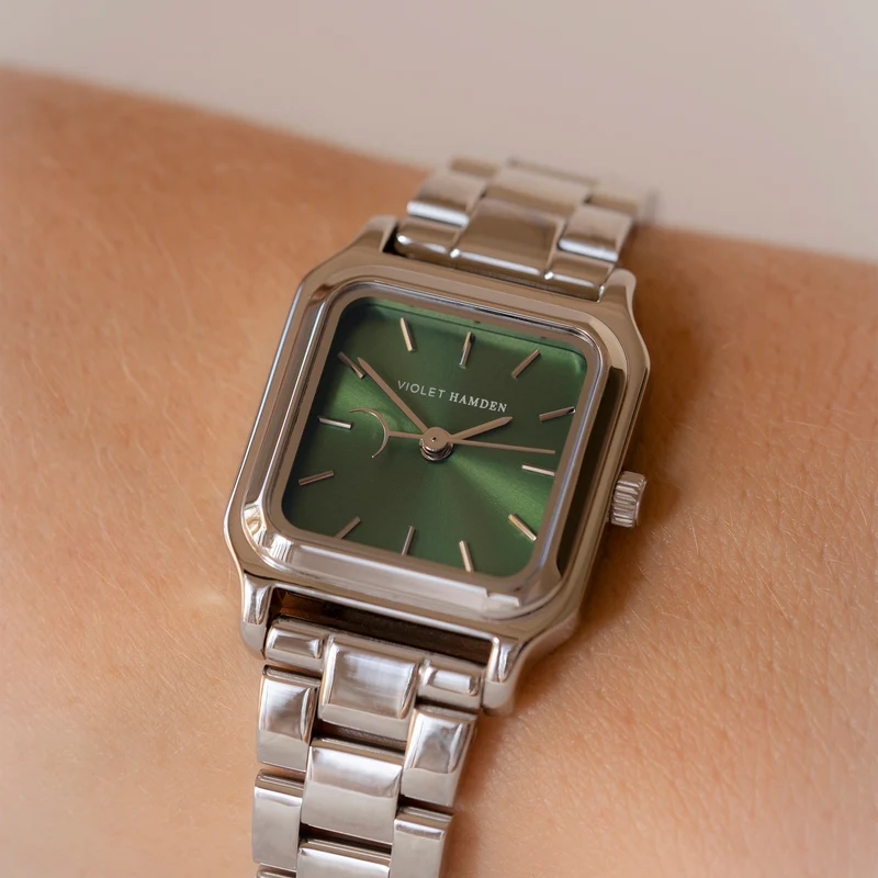 Violet Hamden Dawn Base Montre Carrée Femme Argentée et Verte VH09035