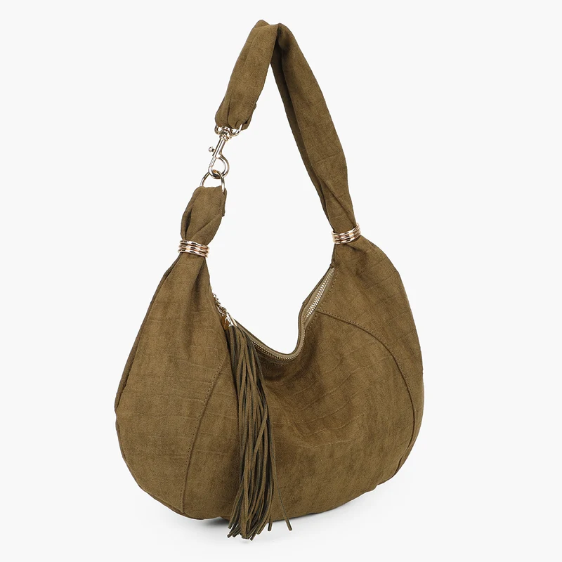 Sac porté épaule en suédine kaki