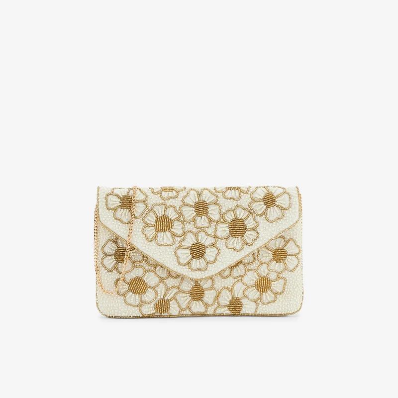 Pochette perlée à fleurs dorées et ivoires