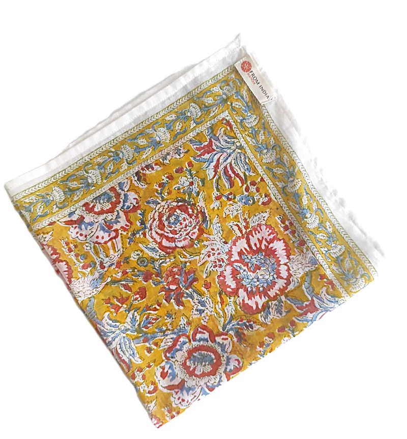 Bandana Madurai 50 x 50 cm — Coton Block Print jaune ocre, rouge et bleu