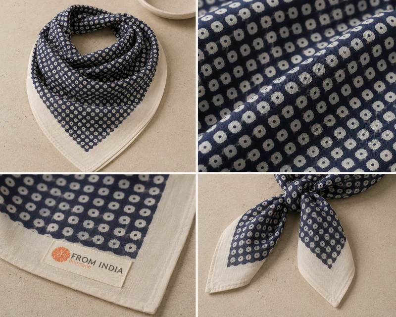Cheich Puskar 75 x 75 cm — Foulard carré bleu marine en coton Block Print indien