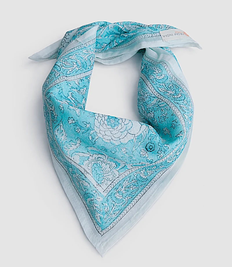 Bandana Varanasi 50 x 50 cm — Coton Block Print bleu turquoise et écru
