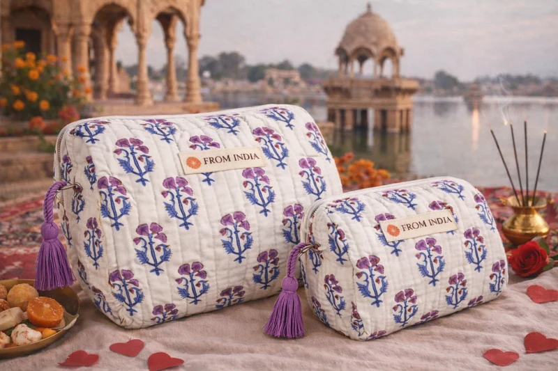 Trousse de toilette matelassée Block Print Fleur de Lys – 2 couleurs / 2 tailles
