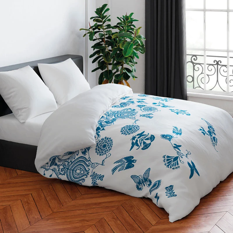 Housse de couette + taie(s) d'oreiller satin de coton - Love stories bleu/blanc