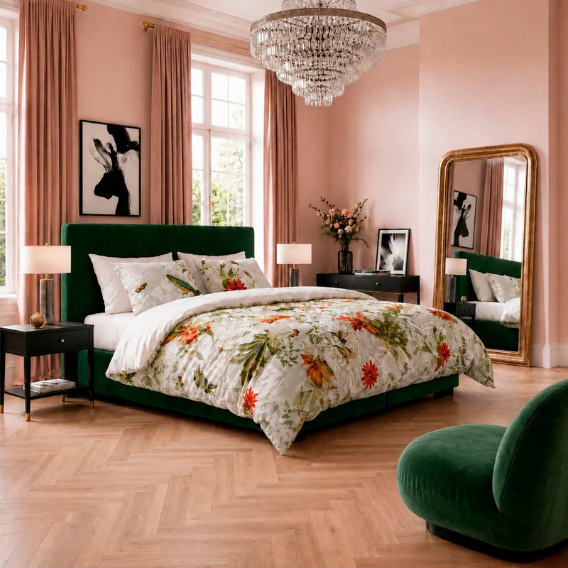 Housse de couette + taie(s) d'oreiller satin de coton - Jardin d'hiver gris perle