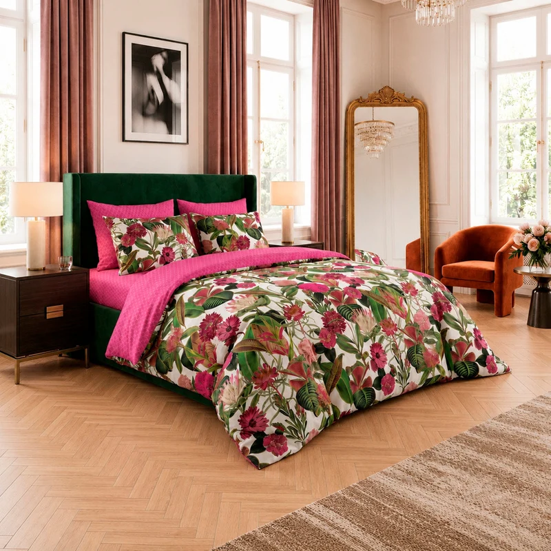 Housse de couette + taie(s) d'oreiller satin de coton - Garden fuchsia