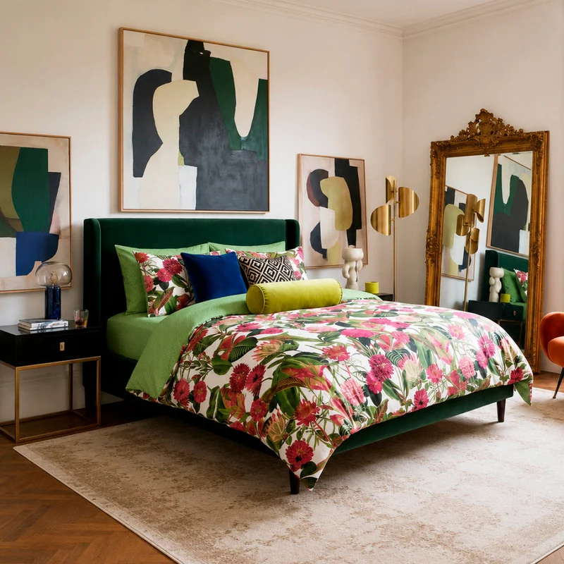 Housse de couette + taie(s) d'oreiller satin de coton - Garden vert