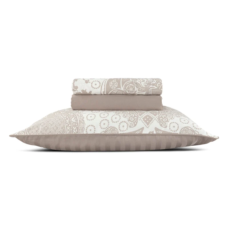 Ensemble de draps : drap-housse, drap plat, taie(s) d'oreiller en satin de coton - dessin Arles Taupe