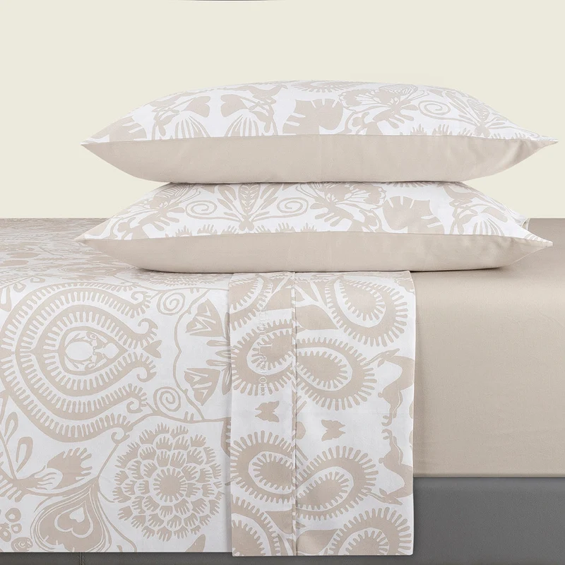 Ensemble de draps : drap-housse, drap plat, taie(s) d'oreiller en satin de coton - dessin Love Stories Taupe