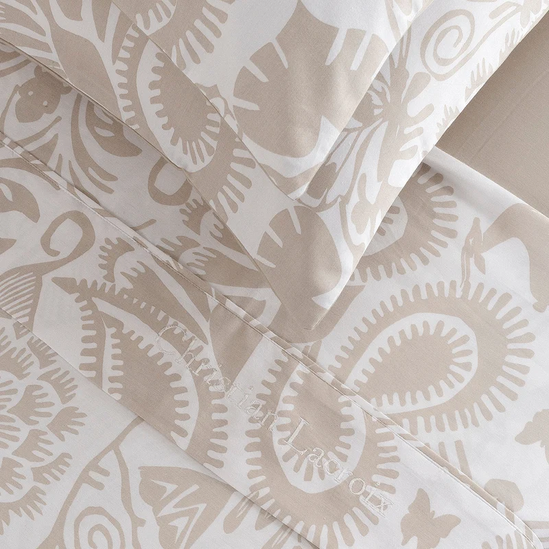 Ensemble de draps : drap-housse, drap plat, taie(s) d'oreiller en satin de coton - dessin Love Stories Taupe