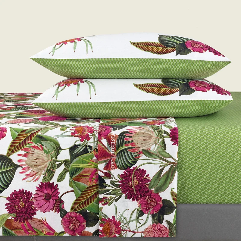 Ensemble de draps : drap-housse, drap plat, taie(s) d'oreiller en satin de coton - dessin Garden Vert