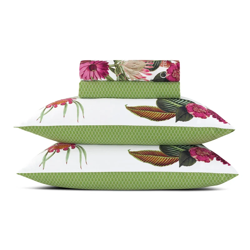Ensemble de draps : drap-housse, drap plat, taie(s) d'oreiller en satin de coton - dessin Garden Vert