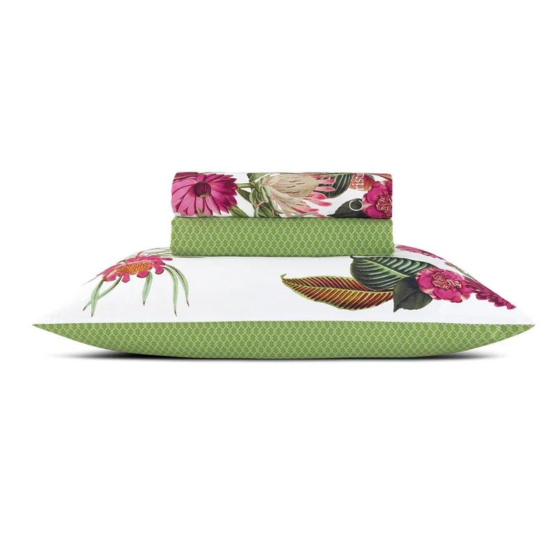 Ensemble de draps : drap-housse, drap plat, taie(s) d'oreiller en satin de coton - dessin Garden Vert