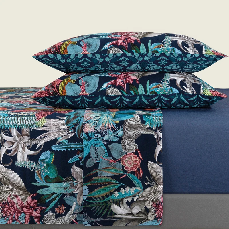 Ensemble de draps : drap-housse, drap plat, taie(s) d'oreiller en satin de coton - dessin Zanzibar bleu