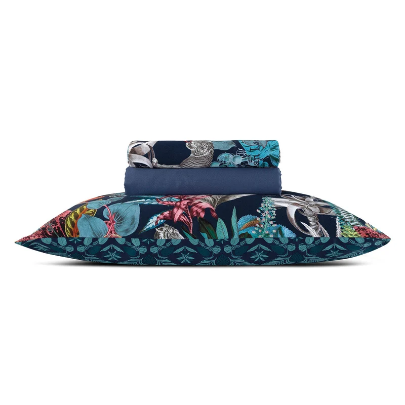 Ensemble de draps : drap-housse, drap plat, taie(s) d'oreiller en satin de coton - dessin Zanzibar bleu