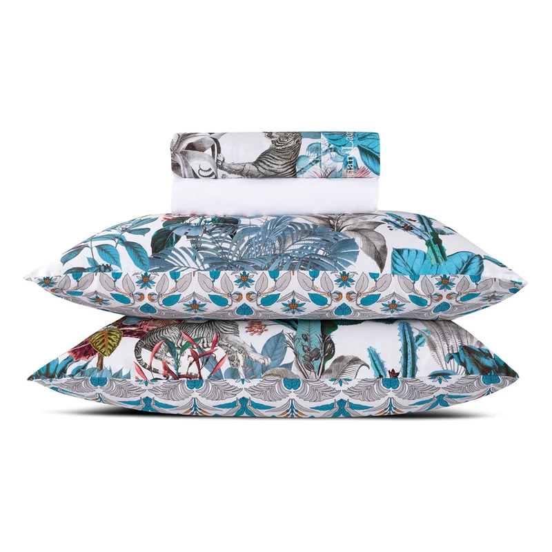 Ensemble de draps : drap-housse, drap plat, taie(s) d'oreiller en satin de coton - dessin Zanzibar Blanc
