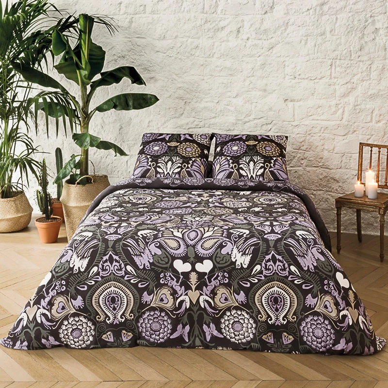 Housse de couette + taie(s) d'oreiller satin de coton - Love Stories prune