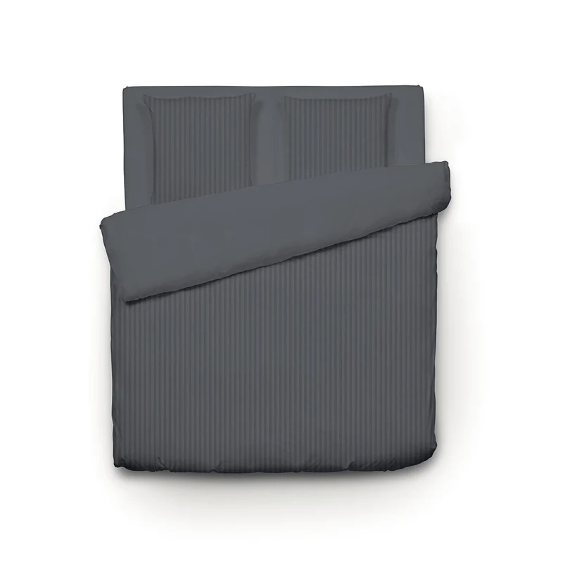 Housse de couette + taie(s) d'oreiller satin de coton - Rayure tissé gris foncé