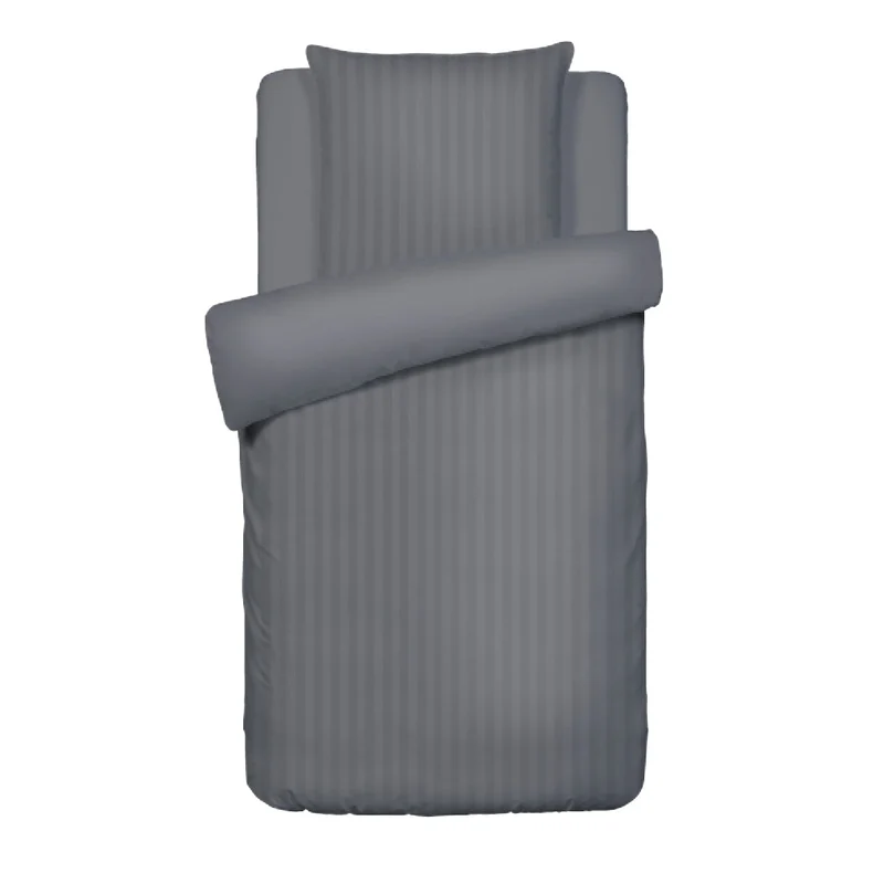 Housse de couette + taie(s) d'oreiller satin de coton - Rayure tissé gris foncé