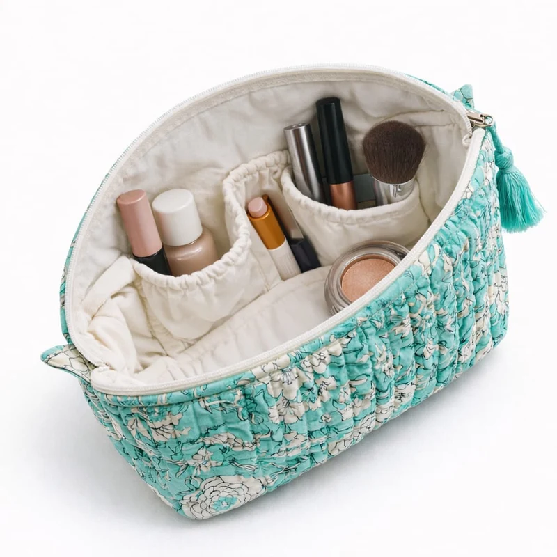 Trousse de toilette matelassée Block Print turquoise floral – 2 tailles
