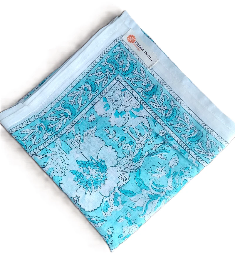 Cheich Panjim 75x75 cm – Foulard en voile de coton Block Print turquoise floral