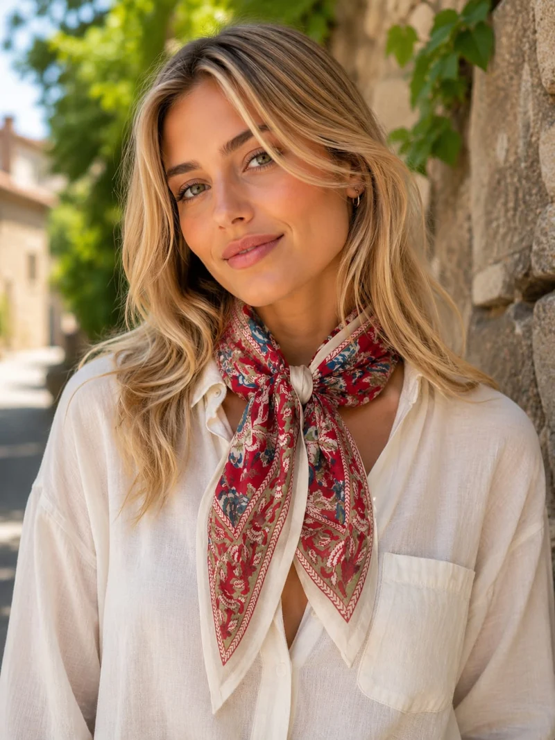 Cheich Shimla 75x75 cm – Foulard en voile de coton Block Print rouge floral