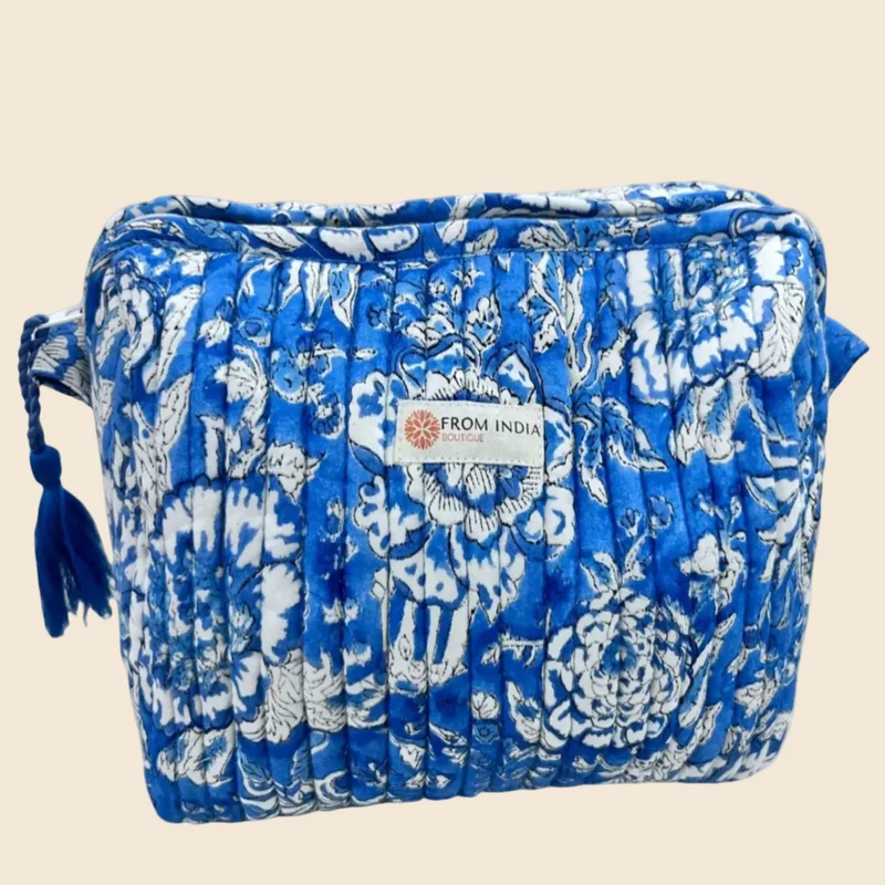 Trousse de toilette matelassée Block Print bleue – 2 tailles