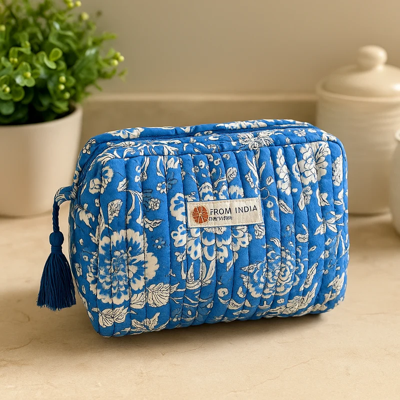 Trousse de toilette matelassée Block Print bleue – 2 tailles