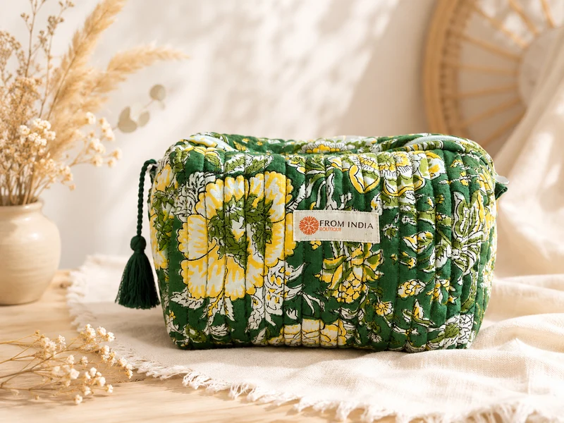 Trousse de toilette matelassée Block Print verte florale – 2 tailles