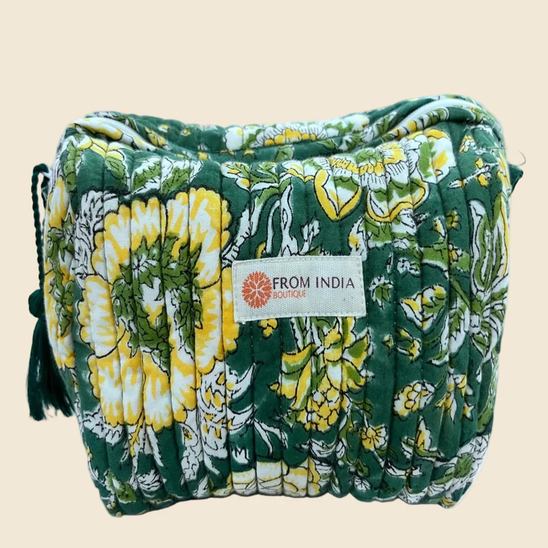 Trousse de toilette matelassée Block Print verte florale – 2 tailles