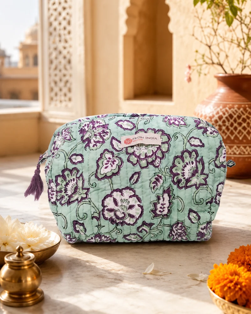 Trousse de toilette matelassée Block Print vert d’eau floral – 2 tailles
