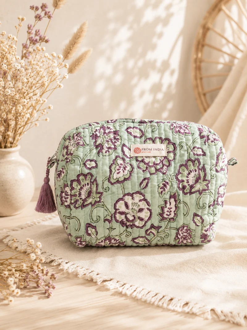 Trousse de toilette matelassée Block Print vert d’eau floral – 2 tailles