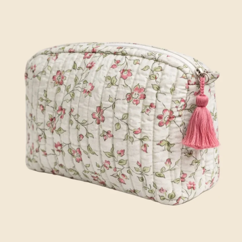 Trousse de toilette matelassée Block Print écrue fleurs roses – 2 tailles