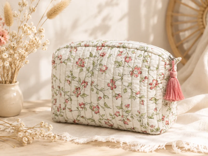 Trousse de toilette matelassée Block Print écrue fleurs roses – 2 tailles