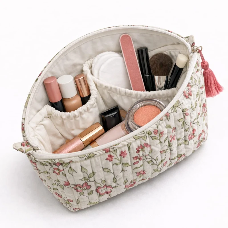 Trousse de toilette matelassée Block Print écrue fleurs roses – 2 tailles