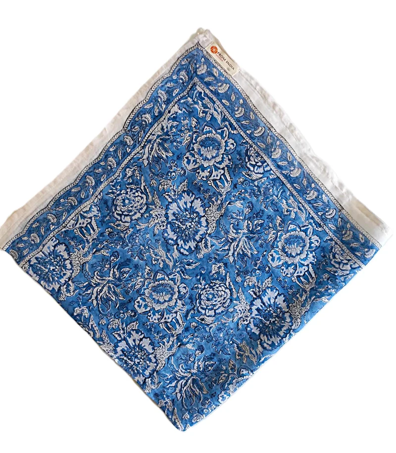 Cheich Nagpur 75x75 cm – Foulard en voile de coton Block Print bleu floral