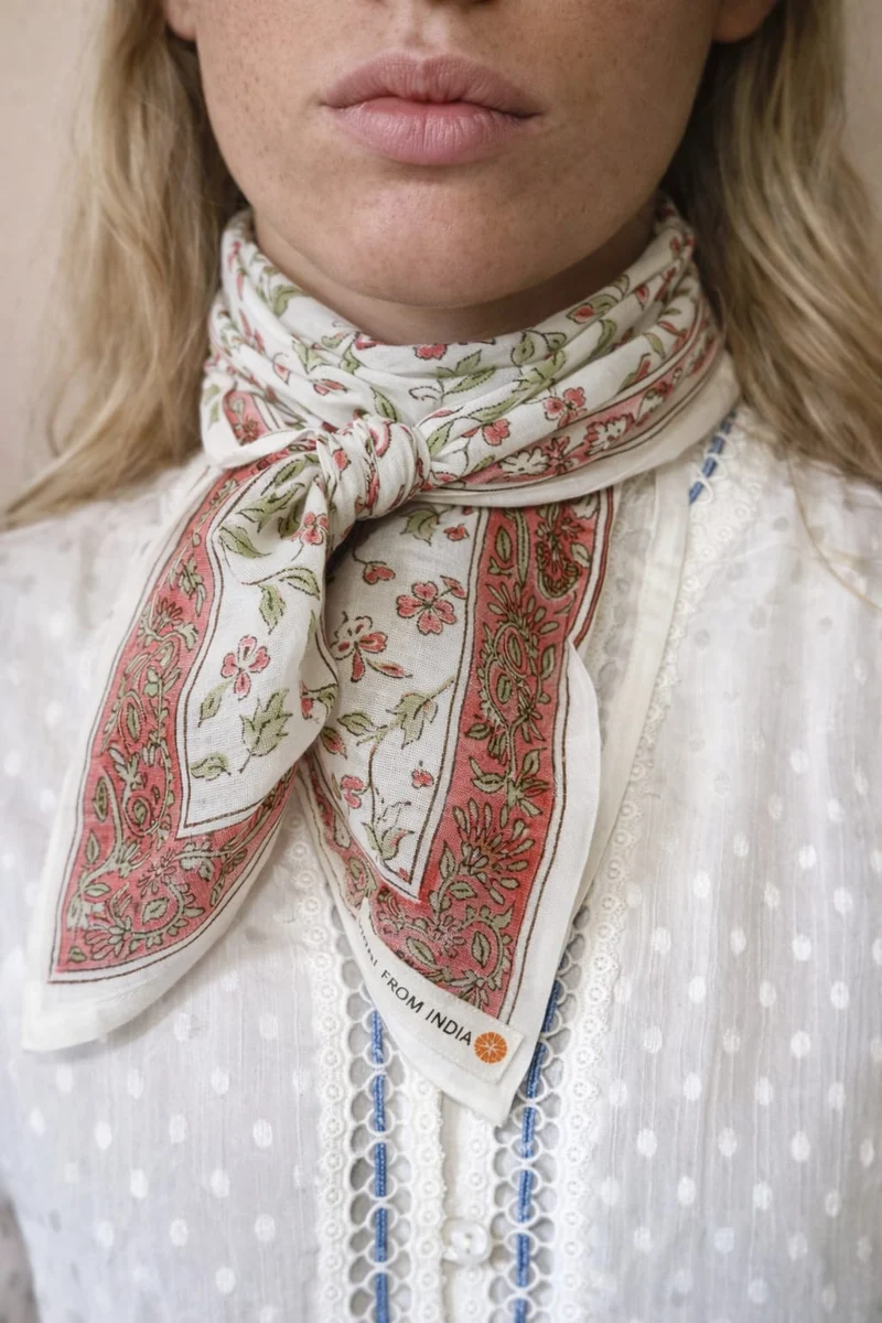 Cheich Chennai 75x75 cm – Foulard en voile de coton Block Print blanc et rose