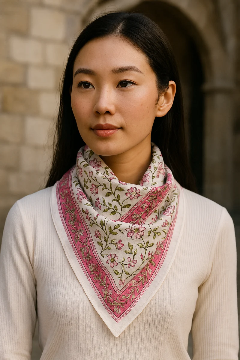 Cheich Chennai 75x75 cm – Foulard en voile de coton Block Print blanc et rose