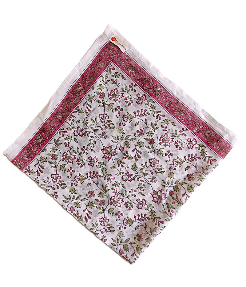Cheich Chennai 75x75 cm – Foulard en voile de coton Block Print blanc et rose
