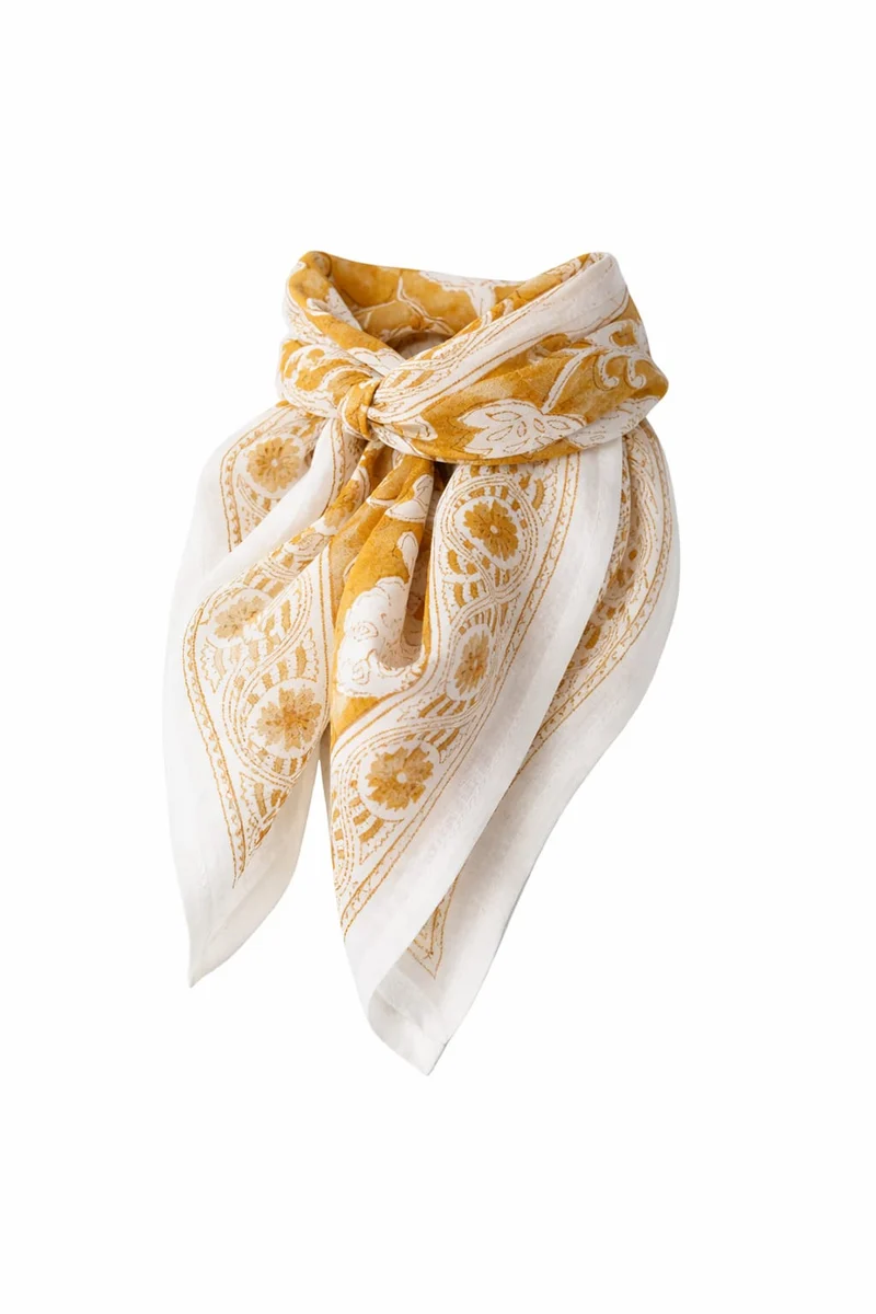 Cheich Hampi 75x75 cm – Foulard en voile de coton Block Print ocre floral