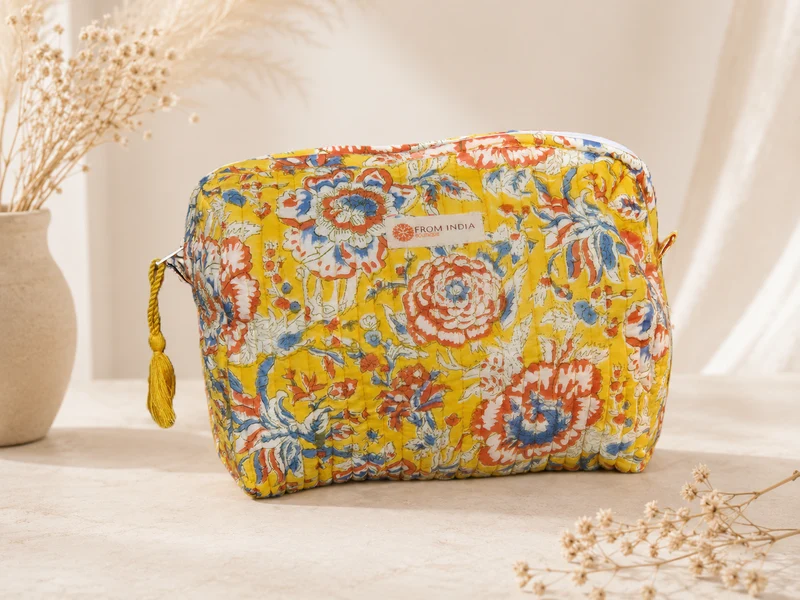 Trousse de toilette matelassée Block Print jaune floral – 2 tailles